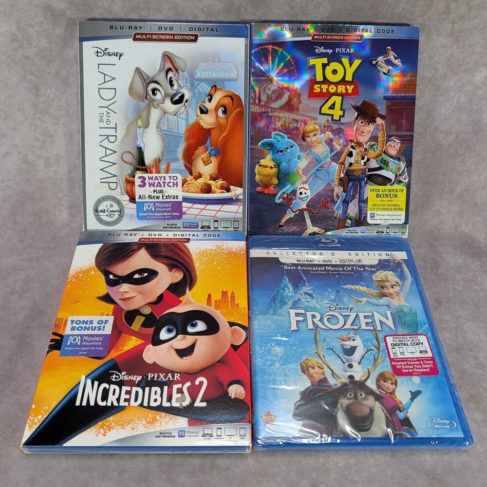 Disney Lady and the Tramp Toy Story 4 Incredibles 2 Frozen Lot of 4 Blu-ray DVD